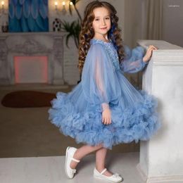 Girl Dresses Simple Long Sleeves Girl's Prom O-neck Sky Blue Ruched Kids Christmas Party Gown A-line Knee Length Pageant Dress 2024