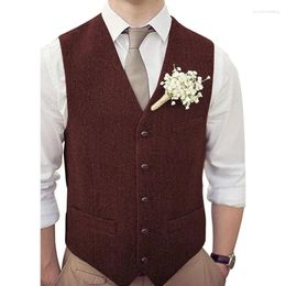 Men's Vests Men Vest Burgundy V-neck Suit Slim Fit Casual Business Formal Herringbone Tweed Wool Waistcoat Wedding Groomsmen Male