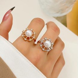 Cluster Rings MODOMA 2023 Flower Design Pearl For Women Wedding Jewelry Korea Style Adjustable Gold Color Finger