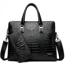 Briefcases Men's Brand Crocodile Pattern Designer Alligator PU Leather Handbag Business Office Laptop Bag Male Vintage Tote 20266B