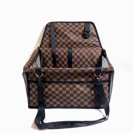 Designer Pet Car Bag Brown Black Checkerboard Dog Car Bag Safety Seat Hanging Bag Mesh Breathable Cat Bag for Going Out Pet Bag