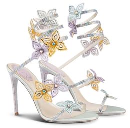 Летние брендовые сандалии Renecaovilla Margot со змеиной оберткой, женские высокие каблуки с бабочками и кристаллами на ремешках для вечеринки, свадьбы, блестящая подошва, женские прогулки, EU35-43