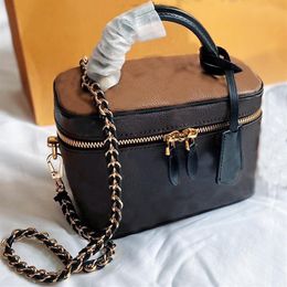 High Quality Vanity Case Mini Handbag Purse Detchable Chain Strap Shoulder Bags Real Leather Canvas Crossbody Bag Old Flower Cosme263w