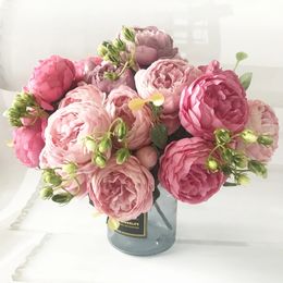 Decorative Flowers Wreaths 30cm Rose Pink Silk Peony Artificial Bouquet 5 Big Head and 4 Bud Fake for Home Wedding Decoration indoor 231202