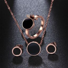 316L Titanium Steel Jewellery Set Rose Gold Black Enamel Ring Earrings Necklace Set258M