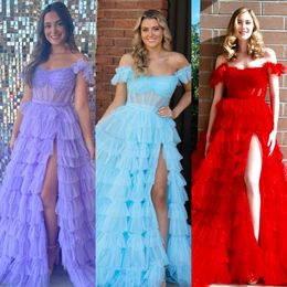Sheer Corset Prom Dress Romanper 2K24 Sweetheart Off-Shoulder Ruffles High Slit Stit Shotuit A-Line Lady Pageant Event Event Event Party Runway Black Tie Gala Lilac Red