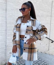 Women's Jackets Plaid Print Pocket Button Design Long Sleeve Shacket Autumn Women Turn Down Collar Single Breasted Thick Coats Loose Jackets T231204