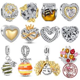 Loose Gemstones 925 Sterling Silver Bee Jar Beads Yellow Daisy Flower Pandent Charm Fit Original Bracelet DIY Bead Ms Jewelry Gift