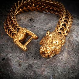 Charm Bracelets Rock Gold Color Tiger Head Bracelet Men Stainless Steel Cuban Chain Bangles Punk Male Creative Accessories Viking 280d
