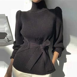 Women's Sweaters 2022 Autumn Winter Turtlene Warm Knitted Pullover Top Women Fashion Elegant Slim Lace-Up Bottom Sweater Solid Color Knitwearyolq