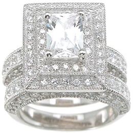 Professional Whole Vintage Jewellery Topaz Simulated Diamond 14KT White Gold Filled 3-in-1 Wedding Ring Set for christmas gift S238T