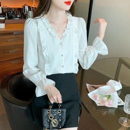 Women's Blouses Chiffon Ruffle Casual Shirt Loose Fashion Solid Ladies Clothing Full Spring/Summer V-neck Tops YCMYUNYAN