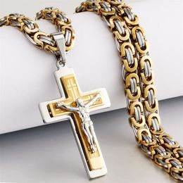 Religious Men Stainless Steel Crucifix Cross Pendant Necklace Heavy Byzantine Chain Necklaces Jesus Christ Holy Jewelry Gifts Q112258o