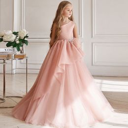 Lovely Pink Wedding Flower Dresses One Shoulder Ball Gown Kids Birthday Party Christmas Gowns Beaded Bow Tie Toddler Girl Pageant Wears Baby Bridesmaid Dress