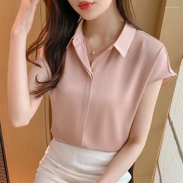 Women's Blouses Summer Korean Pink Blouse 2023 Elegant Short Sleeve Single Breasted Casual Office Shirts Black Tops Female