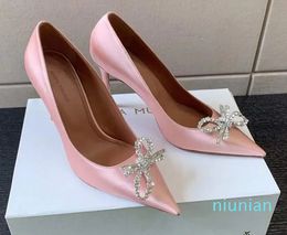 Dress shoes top-level Amina muaddi crystal-studded bows pumps The point-toe satin Patent leather stiletto heels Luxury Designers Evening party wedding heeled 35-42