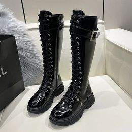 Boot's Boots Fashion Boot Shoes Knee High Platform Lace Up Buckle Black Long Combat of Women 231204