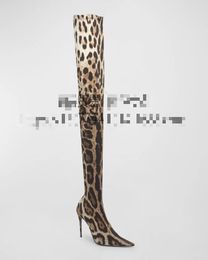 Kniestiefel 2024 New Style Sheepell Leder Plünderung Zehenhöhe hohe Stiefel Casual Dress Schuhe Stiletto Heels Elastische Baumwolle Buntes Leopardenmuster Siz 35-43