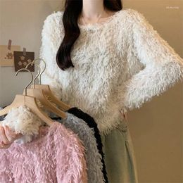 Women's Sweaters Solid Feather Tassel Knitted Crop Top Women 2023 Winter Lazy Round Neck Sweater French Temperament Long Sleeve Pullover