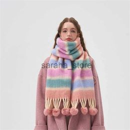 Scarves 2023 Winter Cashmere Scarf Women's Thicken Warm Hairball Tassel Shawls Wraps Rainbow Hairy Bufand hombre Pareo Christmas Gift J231204