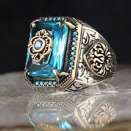 Wedding Rings Vintage Turkish Signet Ring For Men Women Antique Silver Colour Carved Eagle Inlaid Green Zircon locomotive Punk 231204
