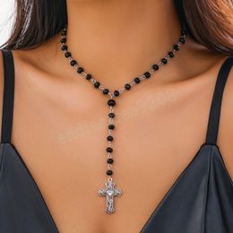 Trendy Crystal Strand Choker Women's Black Red Beads Cross Pendant Necklace Long Neck Chain Jewelry Collar Fashion Ladies