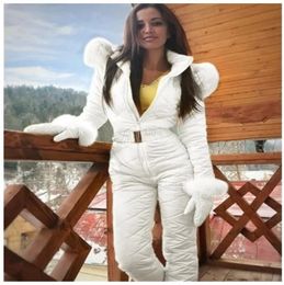 Womens Jumpsuits Rompers CNAC Winter Hooded Parka Elegant Cotton Padded Warm Sashes Ski Suit Straight Zipper Women Tracksuits 231202