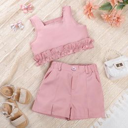 Clothing Sets 2023 Child Clothes Sleeveless Ruffles Tops Pink Shorts 2 Piece Designer Girls Set 18M-7T