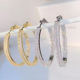 Baguette Princess Cut Square Shaped Cubic Zirconia CZ Earring Iced Out Bling Classic 45mm Big Circle Hoop Women Jewlery & Huggie269T