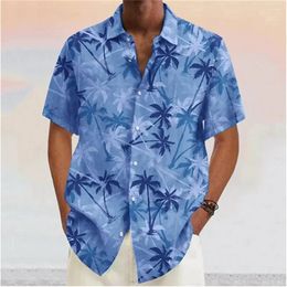 Men's Casual Shirts Summer Shirt Blue Coconut Tree Short Sleeve Top Lapel Printed Fashion Button Beach Clothes