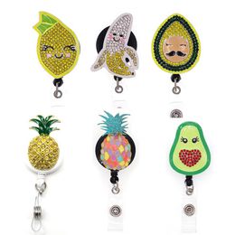 10 pcs lot Fashion Key Rings Office Supply Cute Fruit Rhinestone Banana Avocado Lemon Pineapple Retractable Badge Holder & Accesso325G