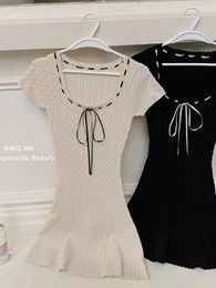 Casual Dresses Summer Korean Fashion Sexy Short Sleeve Gyaru Knit U-Neck Dress Women 2023 Bodycon Slim Evening Frocks Party Design One-Piece