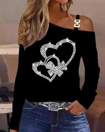 Women's T-Shirt Top Women 2022 Trendy Fashion Spring Autumn Women dded Heart Pattern Cold Shoulder Top All-Match Casual Blouse Pullover T231204