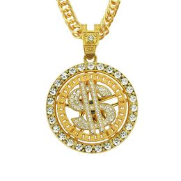 Mens Luxury Necklace Jewellery Fashion Design Gold Silver Rhinestone Round Iced Out US Dollar Pendant Punk Chain Hip Hop Necklace Gi299j