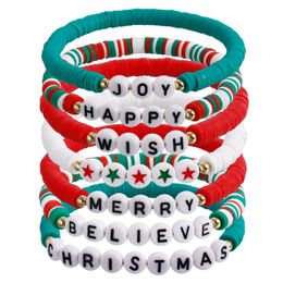 Christmas Bracelets Set Stackable Heishi Surfer Beaded Letter Santa Claus Tree Xmas Bracelet Handmade Women's Clay Stretch Holiday Jewellery for Woman Girls Gifts