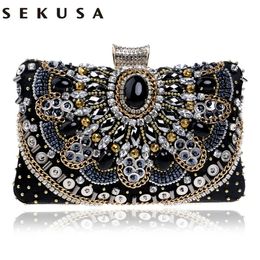 Evening Bags SEKUSA Small Beaded Clutch Purse Elegant Black Evening Bags Wedding Party Clutch Handbag Metal Chain Shoulder Bags 231204