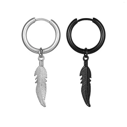 Hoop Earrings Korean Style Punk Men's Feather Pendant Titanium Steel Ear Clip Simple Wind Black Trendy Stainless