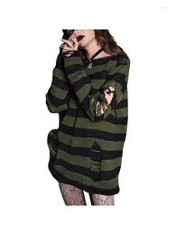 Women's Sweaters Retro Mall Gothic Grunge Loose Sweater Dress Stripe Print Ripped O Neck Long Sleeve Pullovers Dark Academia E-girl Jumpers