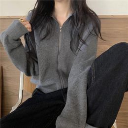 Women's Knits Women Lapel Slimming Tops Ladies Zipper Design Long Sleeve Knit Cardigan Sweater Korean Version Loose Short Coat