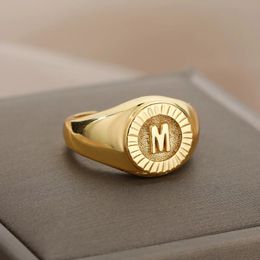 Wedding Rings Initial Letter Signet for Women Gold Colour Stainless Steel Adjustable Ring Vintage Aesthetic Jewellery bague femme 231204