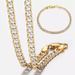 4mm Flat Hammered Curb Cuban Necklace Bracelet Gold Mix Silver Colour for Women Men Jewellery Set GN64A177I