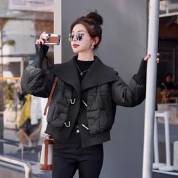Knitted splicing down jacket women European goods 2023 winter new fashion age reduction light luxury large lapel white duck down coat