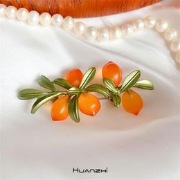 Brooches HUANZHI 2023 Autumn Winter Plant Flowers Leaves Fruit Orange Art Vintage Brooch For Women Sweater Coat Accessories Jewelry