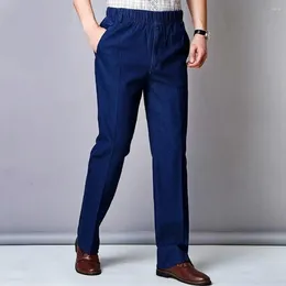 Men's Jeans Men Solid Colour Trousers Mid-aged Father's Slim Fit Elastic Waist With High Pockets Soft Straight For Casual