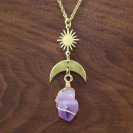 Pendant Necklaces Amethyst Copper Moon Necklace Steel Stainless Chain Crystal Raw Stone BOHO Golden Women Girls Gifts For Her