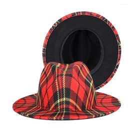 Berets Red Grid Stripe Fedora Hats Panama Vintage Jazz Women Elegant Caps Autumn And Winter Wool Felt