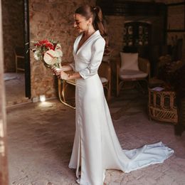 Elegant Wedding Dresses A Line Three Quarter Sleeve Bridal Dress Turn Down Collars Buttons High Slit Robe De Novia for Bride