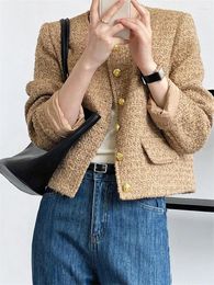 Women's Jackets French High Quality Tweed Jacket Women Elegant Luxury Spring Fall Khaki Round Neck Gold Single Breasted Cropped Top