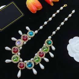 Sweet Double Letter Water Diamond Pearl Choker Necklace Brass Material European American Fashion Coloured crystal Sweater Chain Designer Jewellery Wedding Party