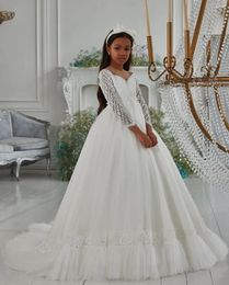 Girl Dresses Flower Dress White Fluffy Tulle Sparkly Long Sleeve Wedding Elegant Child's First Eucharistic Birthday Party